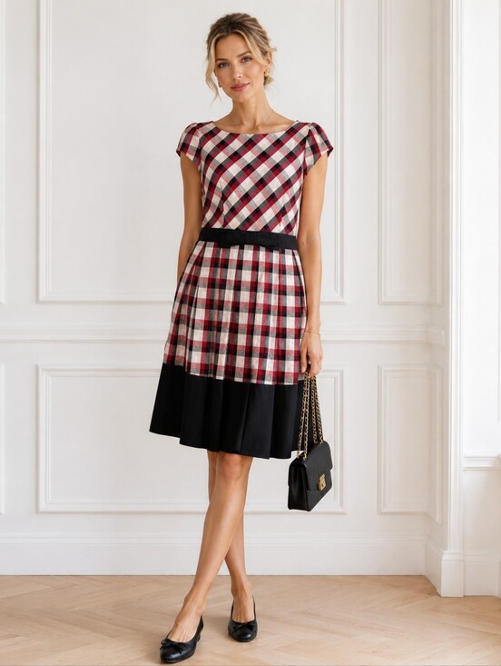 dear creatures Dresses & Skirts - Dear Creatures Plaid Fit & Flare Dress Medium | Retro Bow Waist Cotton Blend |